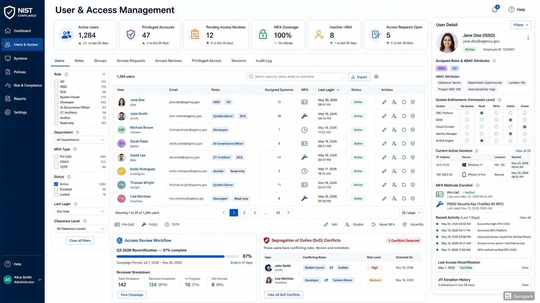 SAEGIS User & Access Management screen