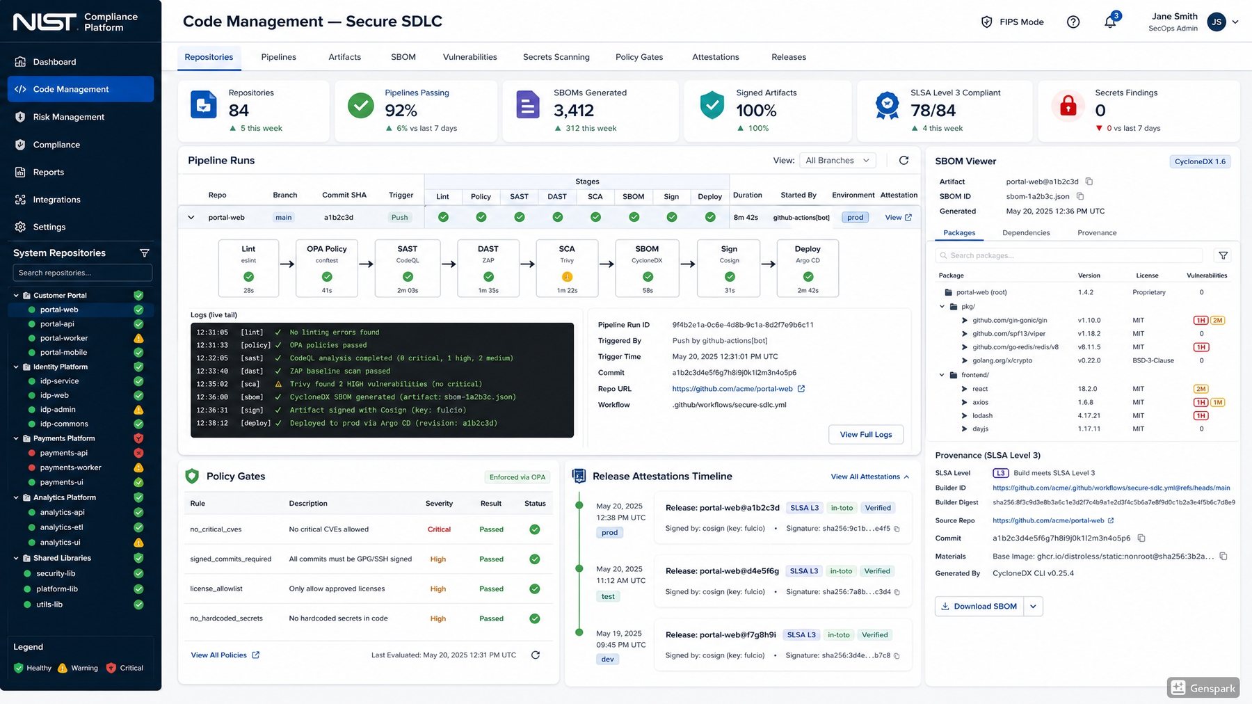 SAEGIS Code Management — Secure SDLC screen